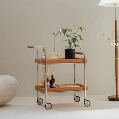 Zeitgenössischer Retro-Rechteckiger Massivholz-Tablett-Top-Metall-Beistelltisch 2-stufiger Rollwagen für das Wohnzimmer 