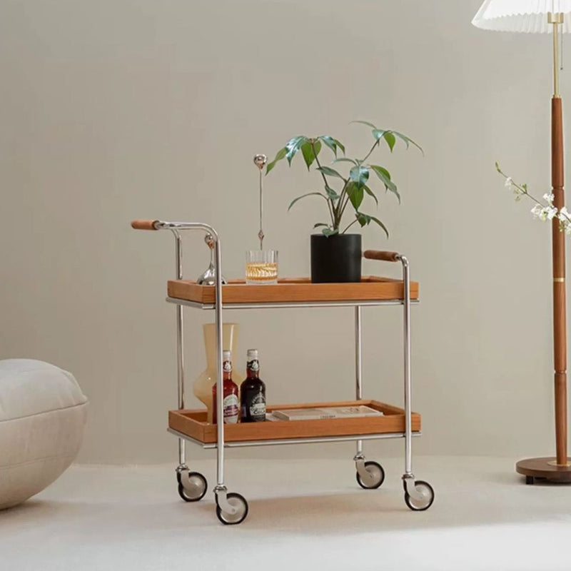 Zeitgenössischer Retro-Rechteckiger Massivholz-Tablett-Top-Metall-Beistelltisch 2-stufiger Rollwagen für das Wohnzimmer 