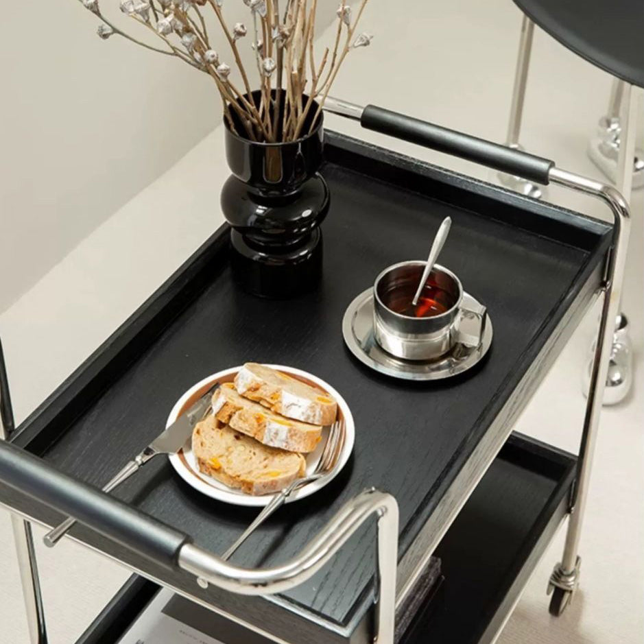 Contemporary Retro Rectangular Pine Tray Top Stainless Steel End Table 2-Tier Rolling Cart For Living Room