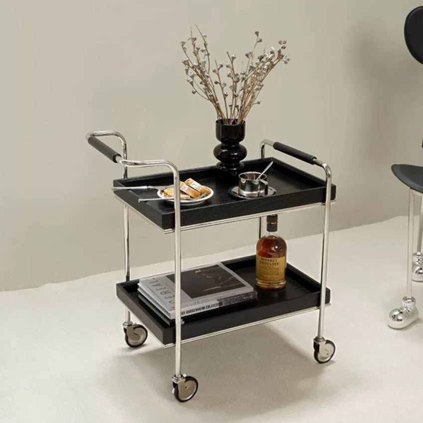 Contemporary Retro Rectangular Pine Tray Top Stainless Steel End Table 2-Tier Rolling Cart For Living Room