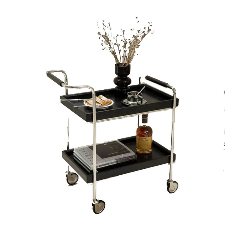 Contemporary Retro Rectangular Pine Tray Top Stainless Steel End Table 2-Tier Rolling Cart For Living Room