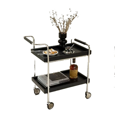 Zeitgenössischer Retro-Rechteckiger Massivholz-Tablett-Top-Metall-Beistelltisch 2-stufiger Rollwagen für das Wohnzimmer 