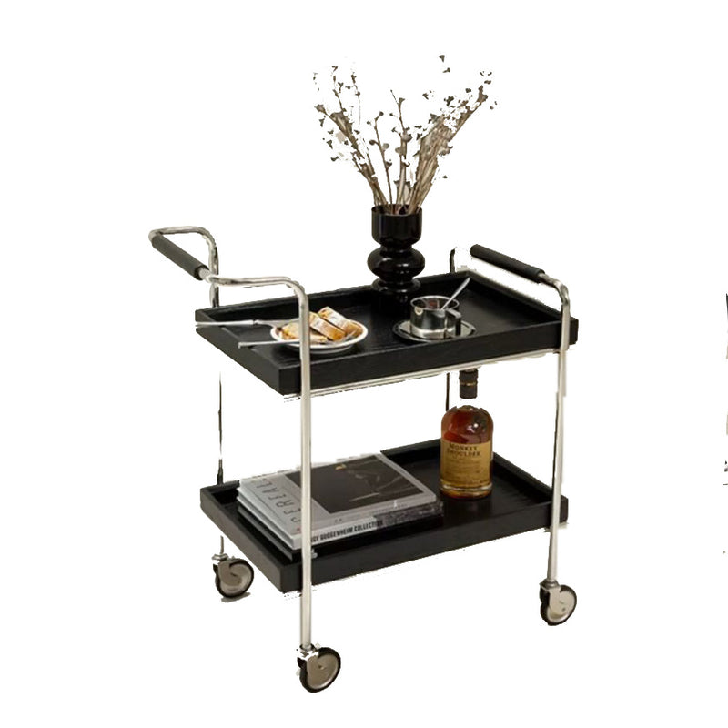Zeitgenössischer Retro-Rechteckiger Massivholz-Tablett-Top-Metall-Beistelltisch 2-stufiger Rollwagen für das Wohnzimmer 
