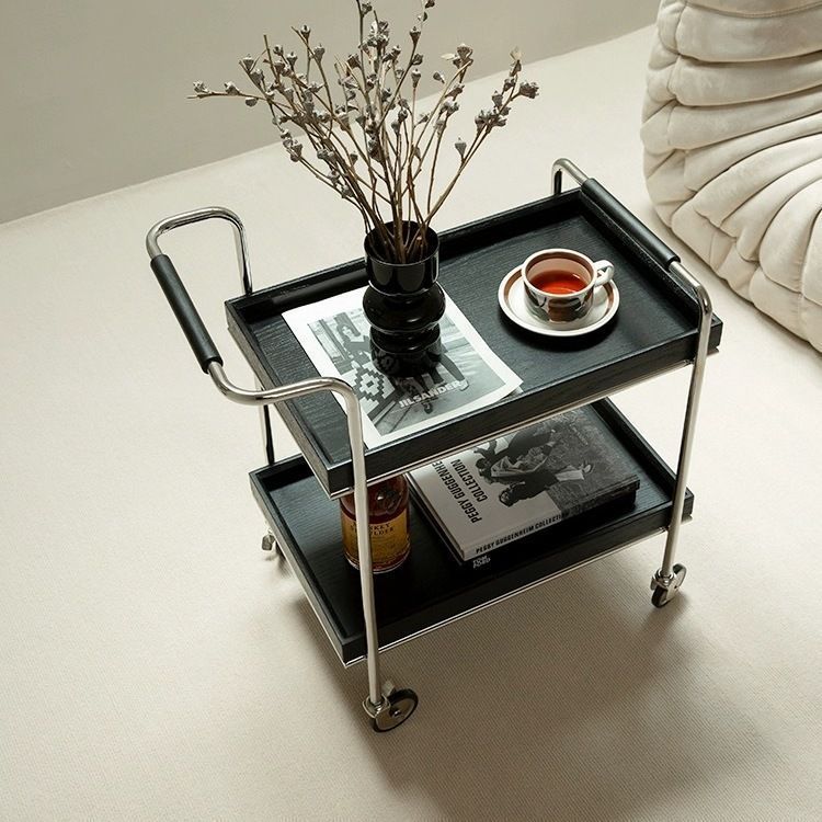 Zeitgenössischer Retro-Rechteckiger Massivholz-Tablett-Top-Metall-Beistelltisch 2-stufiger Rollwagen für das Wohnzimmer 