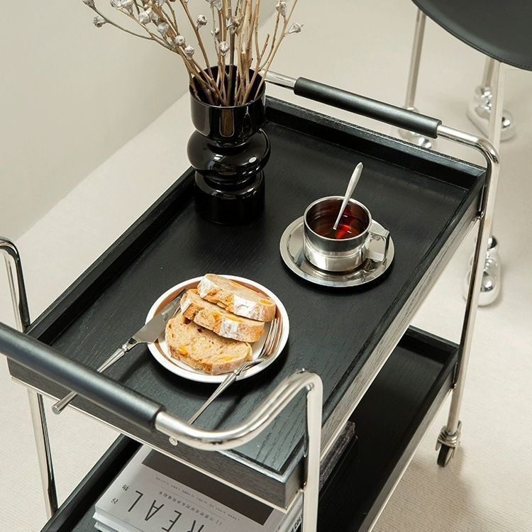 Zeitgenössischer Retro-Rechteckiger Massivholz-Tablett-Top-Metall-Beistelltisch 2-stufiger Rollwagen für das Wohnzimmer 