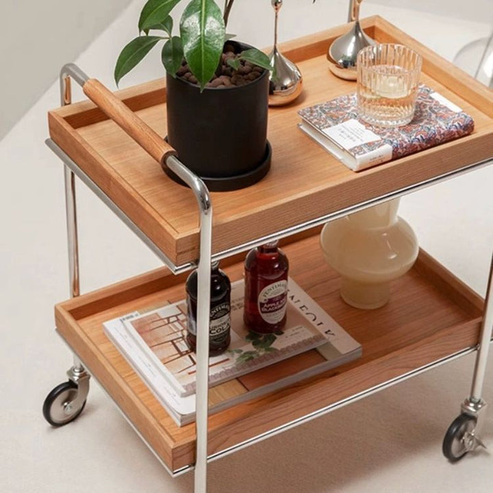 Contemporary Retro Rectangular Pine Tray Top Stainless Steel End Table 2-Tier Rolling Cart For Living Room