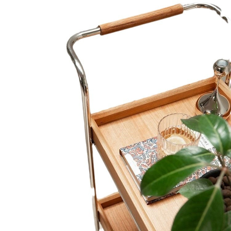 Zeitgenössischer Retro-Rechteckiger Massivholz-Tablett-Top-Metall-Beistelltisch 2-stufiger Rollwagen für das Wohnzimmer 