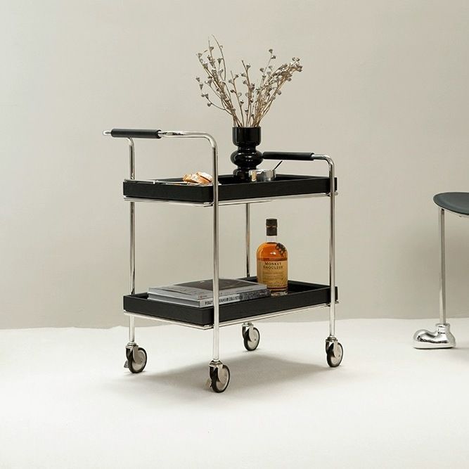 Contemporary Retro Rectangular Pine Tray Top Stainless Steel End Table 2-Tier Rolling Cart For Living Room
