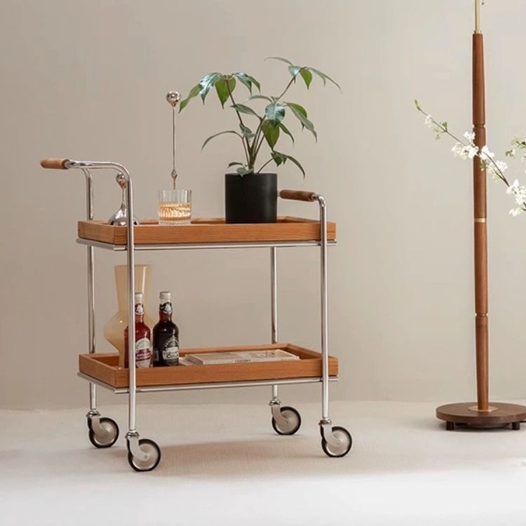 Zeitgenössischer Retro-Rechteckiger Massivholz-Tablett-Top-Metall-Beistelltisch 2-stufiger Rollwagen für das Wohnzimmer 