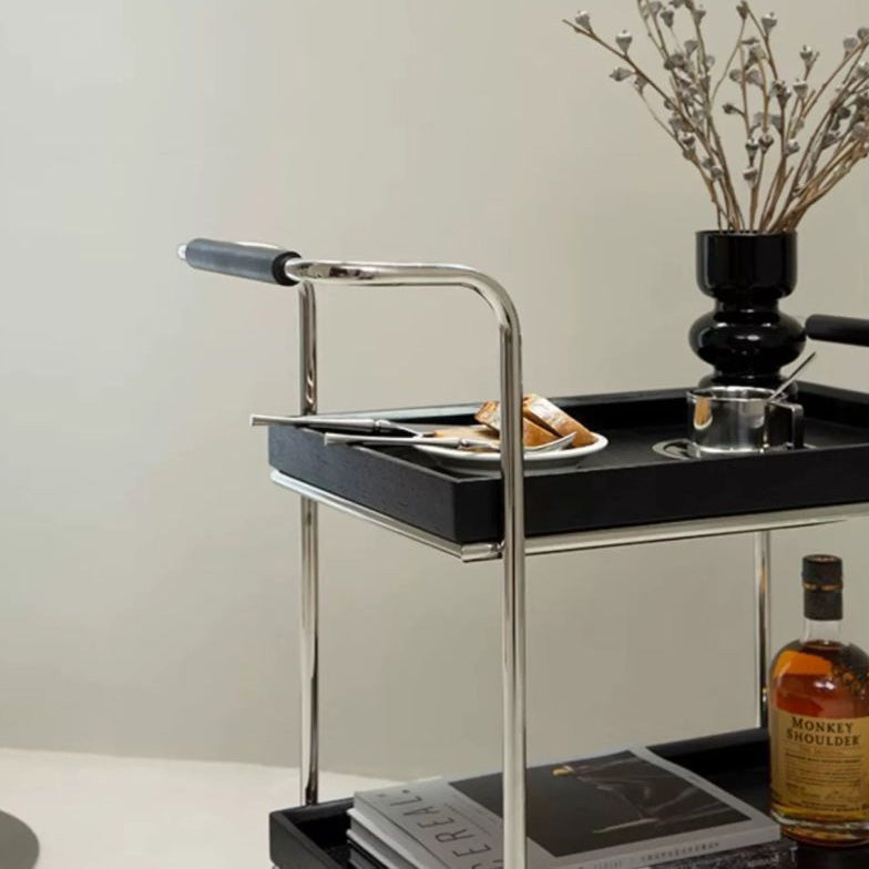 Contemporary Retro Rectangular Pine Tray Top Stainless Steel End Table 2-Tier Rolling Cart For Living Room