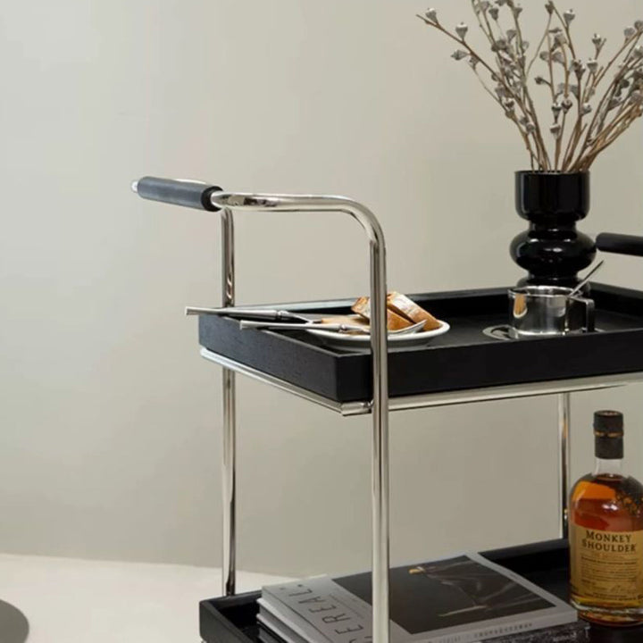 Contemporary Retro Rectangular Pine Tray Top Stainless Steel End Table 2-Tier Rolling Cart For Living Room