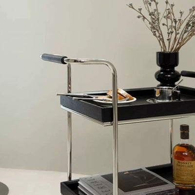 Zeitgenössischer Retro-Rechteckiger Massivholz-Tablett-Top-Metall-Beistelltisch 2-stufiger Rollwagen für das Wohnzimmer 