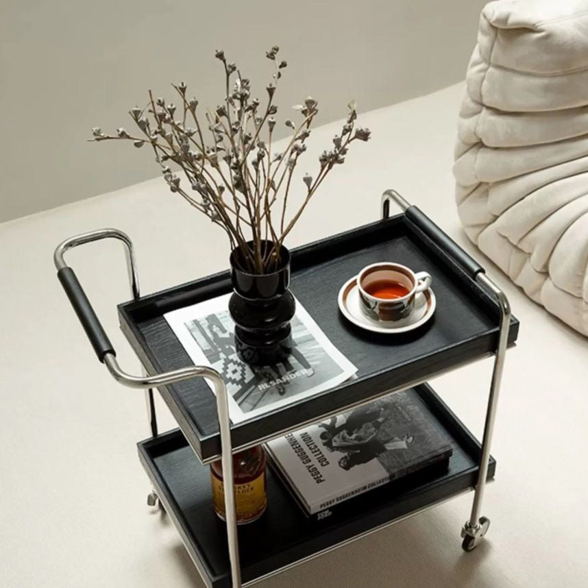 Contemporary Retro Rectangular Pine Tray Top Stainless Steel End Table 2-Tier Rolling Cart For Living Room