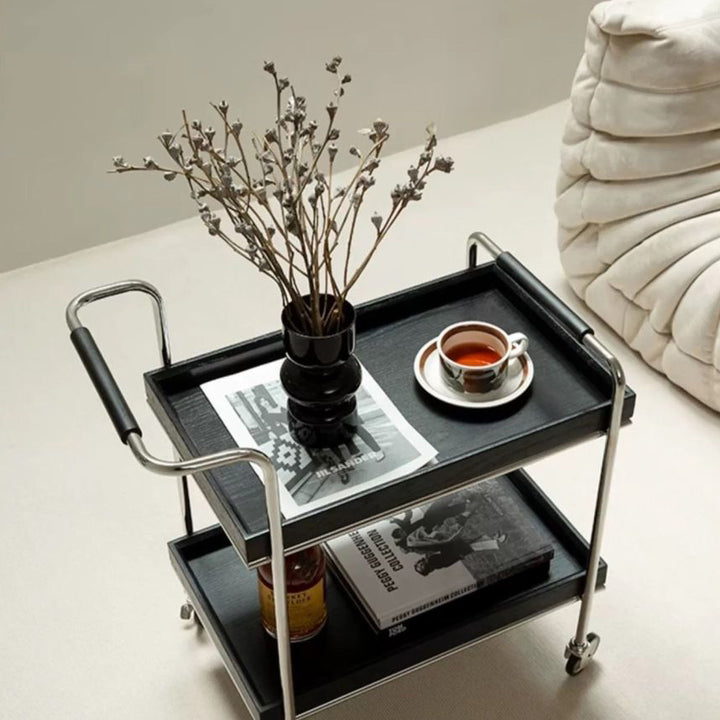 Contemporary Retro Rectangular Pine Tray Top Stainless Steel End Table 2-Tier Rolling Cart For Living Room