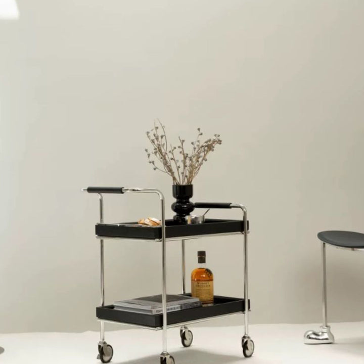 Contemporary Retro Rectangular Pine Tray Top Stainless Steel End Table 2-Tier Rolling Cart For Living Room