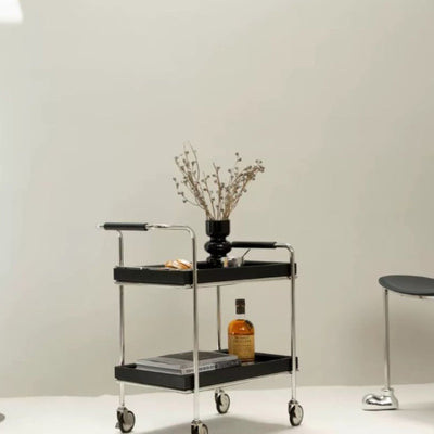 Zeitgenössischer Retro-Rechteckiger Massivholz-Tablett-Top-Metall-Beistelltisch 2-stufiger Rollwagen für das Wohnzimmer 