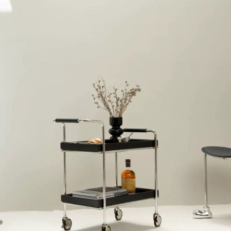 Zeitgenössischer Retro-Rechteckiger Massivholz-Tablett-Top-Metall-Beistelltisch 2-stufiger Rollwagen für das Wohnzimmer 