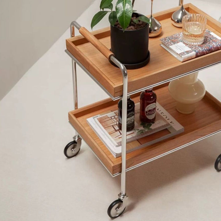 Contemporary Retro Rectangular Pine Tray Top Stainless Steel End Table 2-Tier Rolling Cart For Living Room