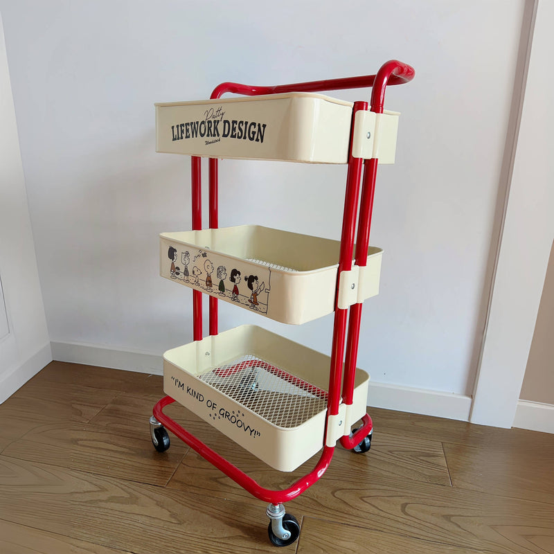 Zeitgenössischer nordischer rechteckiger Kunststoff-Kohlenstoffstahlrahmen Beistelltisch Rollwagen 3-stufige Ablagefächer für das Wohnzimmer 
