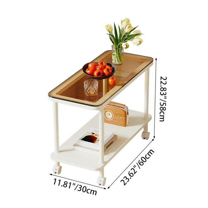 Contemporary Simplicity Rectangular Glass Top Iron End Table 2-Tier Casters For Living Room