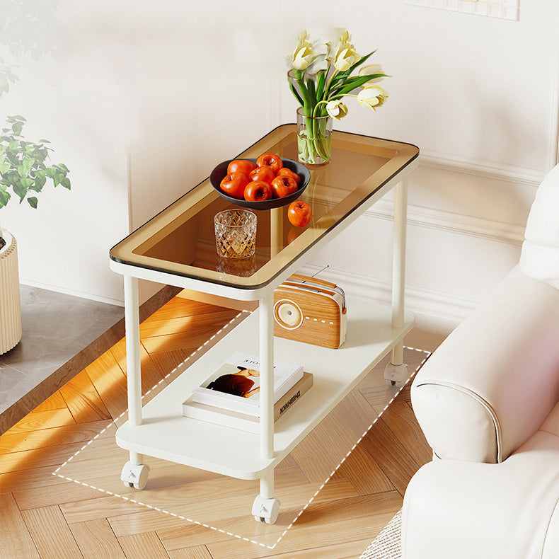 Contemporary Simplicity Rectangular Glass Top Iron End Table 2-Tier Casters For Living Room