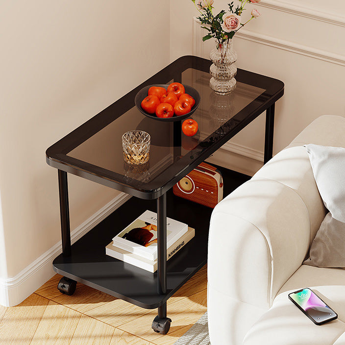 Contemporary Simplicity Rectangular Glass Top Iron End Table 2-Tier Casters For Living Room
