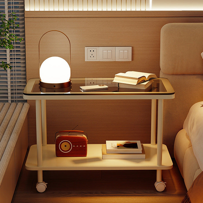 Contemporary Simplicity Rectangular Glass Top Iron End Table 2-Tier Casters For Living Room
