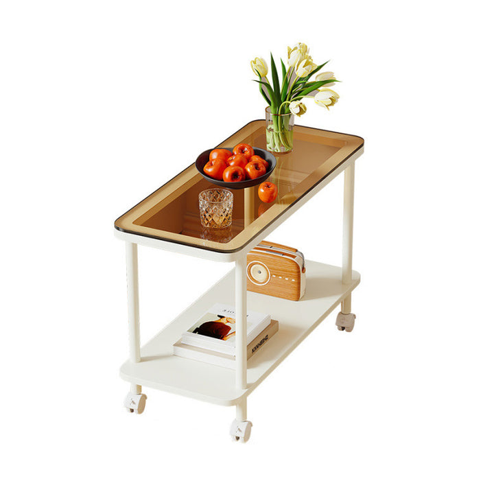 Contemporary Simplicity Rectangular Glass Top Iron End Table 2-Tier Casters For Living Room
