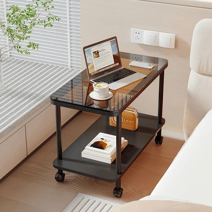Contemporary Simplicity Rectangular Glass Top Iron End Table 2-Tier Casters For Living Room