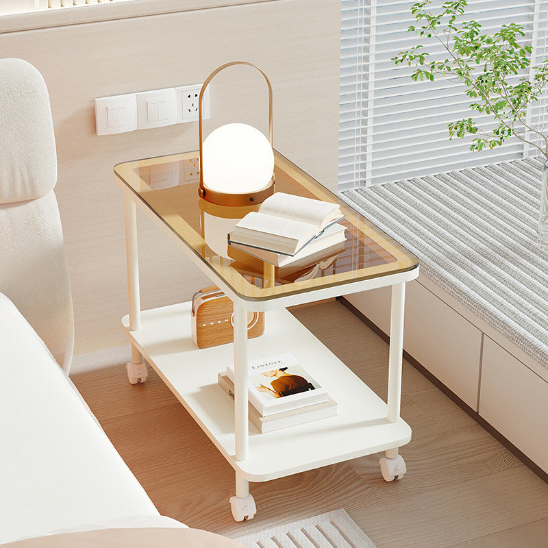 Contemporary Simplicity Rectangular Glass Top Iron End Table 2-Tier Casters For Living Room
