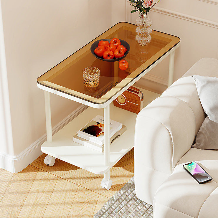 Contemporary Simplicity Rectangular Glass Top Iron End Table 2-Tier Casters For Living Room