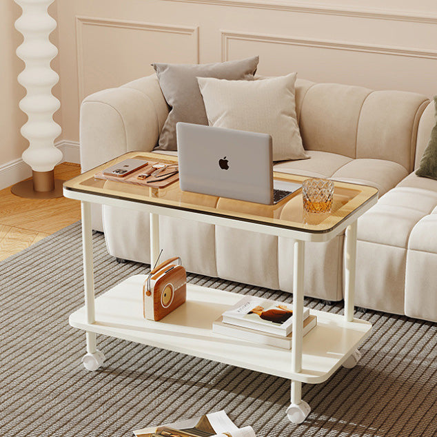 Contemporary Simplicity Rectangular Glass Top Iron End Table 2-Tier Casters For Living Room