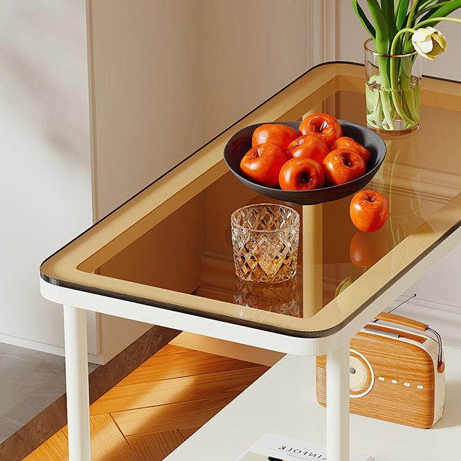 Contemporary Simplicity Rectangular Glass Top Iron End Table 2-Tier Casters For Living Room