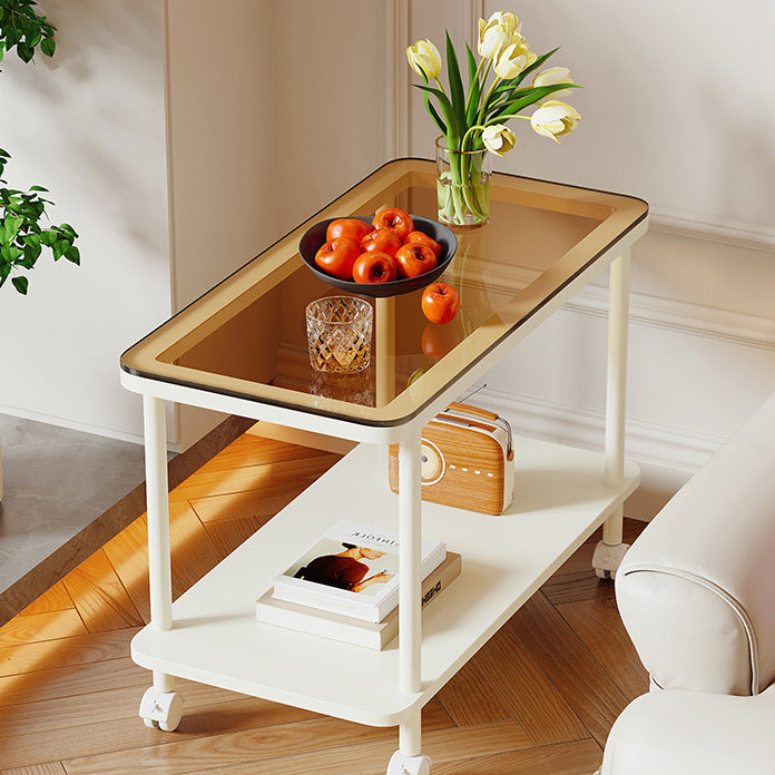 Contemporary Simplicity Rectangular Glass Top Iron End Table 2-Tier Casters For Living Room