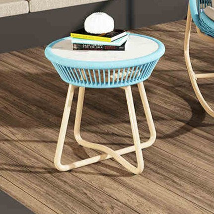 Contemporary Boho Round Sintered Stone Aluminum Alloy PE Rattan Weaving End Table For Balcony
