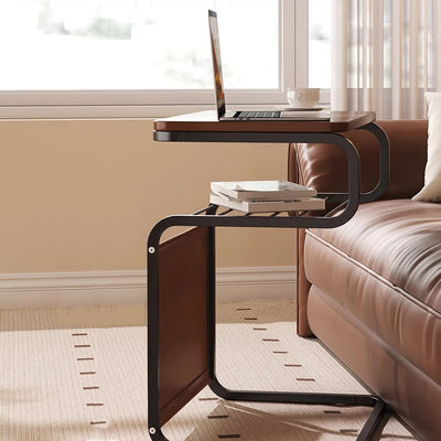 Mesa auxiliar contemporánea retro de madera maciza con parte superior cuadrada y estructura de hierro de 3 niveles con bolsa organizadora lateral para sala de estar 