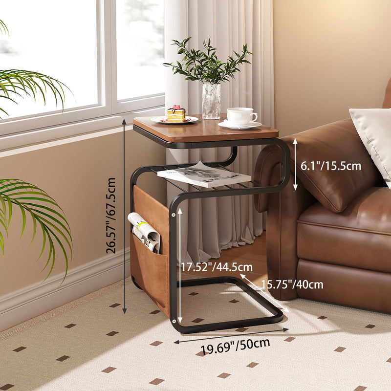 Mesa auxiliar contemporánea retro de madera maciza con parte superior cuadrada y estructura de hierro de 3 niveles con bolsa organizadora lateral para sala de estar 