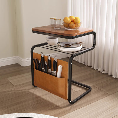 Mesa auxiliar contemporánea retro de madera maciza con parte superior cuadrada y estructura de hierro de 3 niveles con bolsa organizadora lateral para sala de estar 
