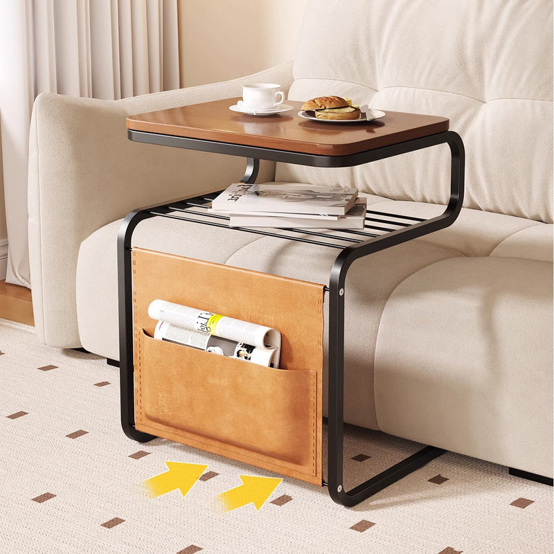 Mesa auxiliar contemporánea retro de madera maciza con parte superior cuadrada y estructura de hierro de 3 niveles con bolsa organizadora lateral para sala de estar 