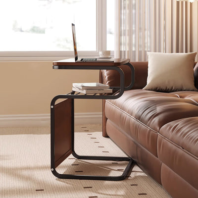 Mesa auxiliar contemporánea retro de madera maciza con parte superior cuadrada y estructura de hierro de 3 niveles con bolsa organizadora lateral para sala de estar 