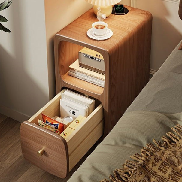 Mesita de noche contemporánea de madera maciza con simplicidad y espacio estrecho, 1 cajón y armario para dormitorio 
