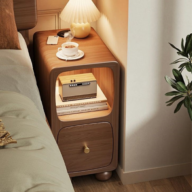 Mesita de noche contemporánea de madera maciza con simplicidad y espacio estrecho, 1 cajón y armario para dormitorio 