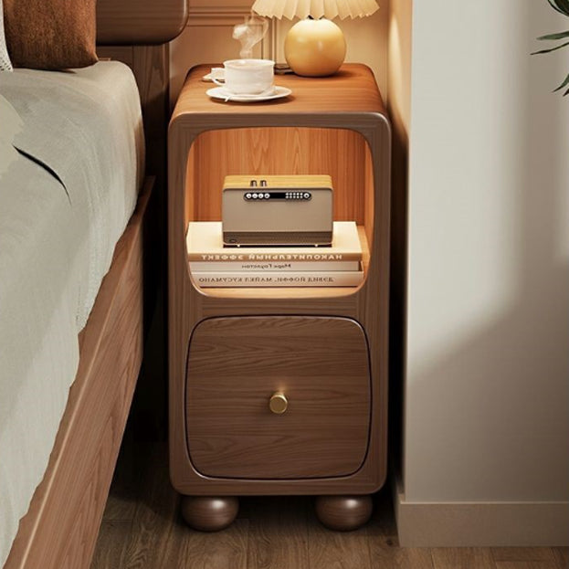 Mesita de noche contemporánea de madera maciza con simplicidad y espacio estrecho, 1 cajón y armario para dormitorio 