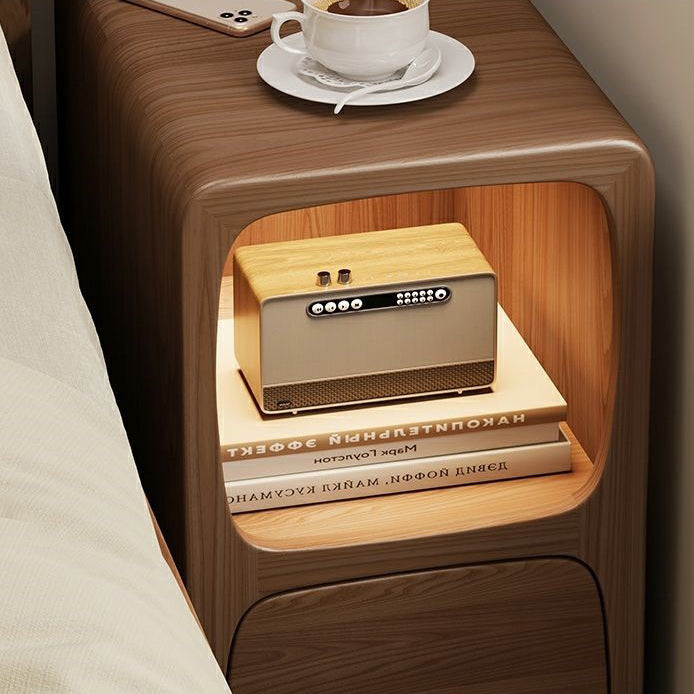 Mesita de noche contemporánea de madera maciza con simplicidad y espacio estrecho, 1 cajón y armario para dormitorio 