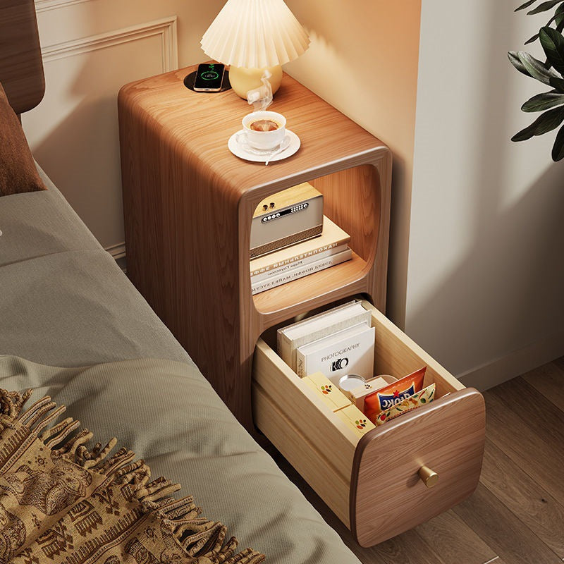 Mesita de noche contemporánea de madera maciza con simplicidad y espacio estrecho, 1 cajón y armario para dormitorio 