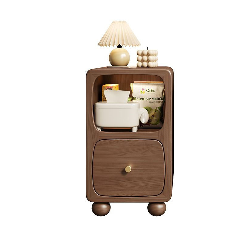 Mesita de noche contemporánea de madera maciza con simplicidad y espacio estrecho, 1 cajón y armario para dormitorio 