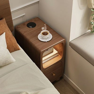 Mesita de noche contemporánea de madera maciza con simplicidad y espacio estrecho, 1 cajón y armario para dormitorio 