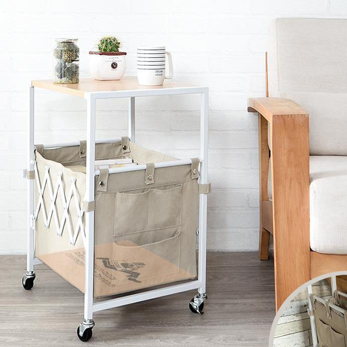 Zeitgenössischer nordischer quadratischer MDF-Oberteil Eisenrahmen Rollwagen Beistelltisch 2-stufige Stoffaufbewahrungstaschen für das Wohnzimmer 