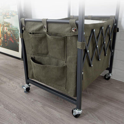 Zeitgenössischer nordischer quadratischer MDF-Oberteil Eisenrahmen Rollwagen Beistelltisch 2-stufige Stoffaufbewahrungstaschen für das Wohnzimmer 