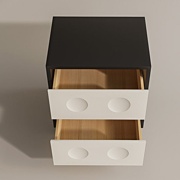 Moderner Mid-Century-Würfel Nachttisch aus Massivholz mit Kieselfuß und 2 Schubladen für das Schlafzimmer 